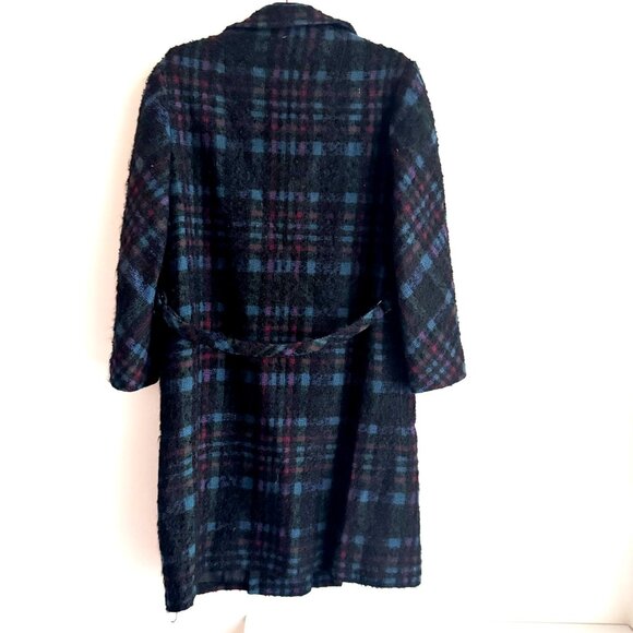 Vintage Wool Bouclé Black Blue Plaid Winter Coat S/M - Picture 6 of 6